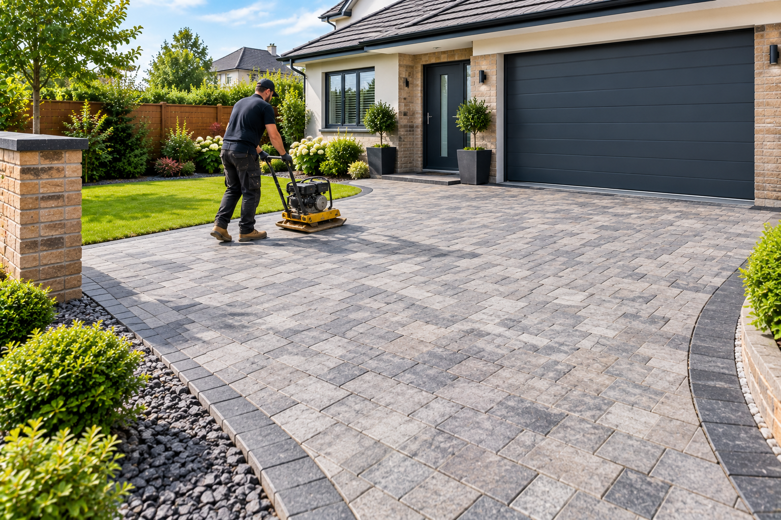 Professional driveway installation featuring grey interlocking block paving, a contractor using a plate compactor, and landscaped borders outside a modern home.